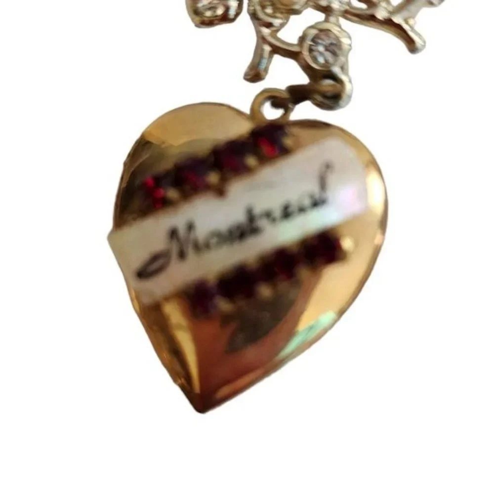 Vintage Montreal‎ Canada Jewelry Brooch Heart Locket Pin Brooch Red Clear Dangle